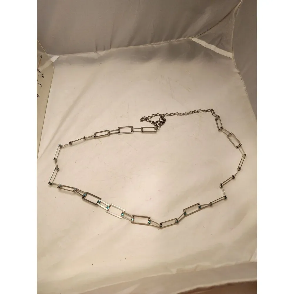 #7637 Rectangle Silver Tone Link Belt with blue Rhinestones Adjustable 42 inch